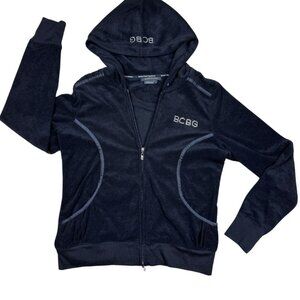 BCBGMAXAZRIA Black Velour Rhinestone Zip Hoodie